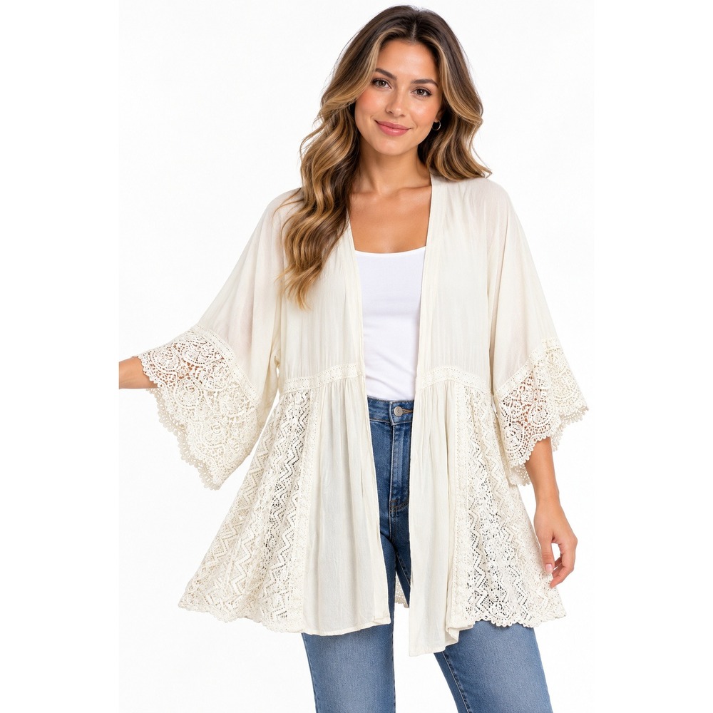 Entro Ivory Lace Crochet Kimono Cardigan Women M Boho Open Front Flowy
